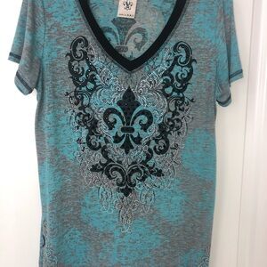 Women's Turquoise and Gray Top with Black Embellishments
